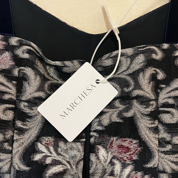 Marchesa Notte Midnight Blue Metallic Fil Coupé Organza Midi Dress - Picture 5 of 7